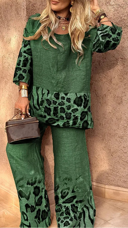 2025 New Summer Leopard Print Two Piece Set Women Fashion Casual Loose Short Sleeves Blouses Splicing Tops Wide Leg Pants Suits