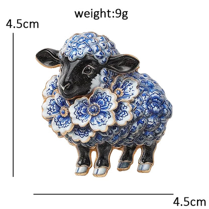 Wuli&baby Blue-and -White Porcelain Collection Animal Brooches For Women Unisex Goat Cat Butterfly Birds Party Office Brooch Pin