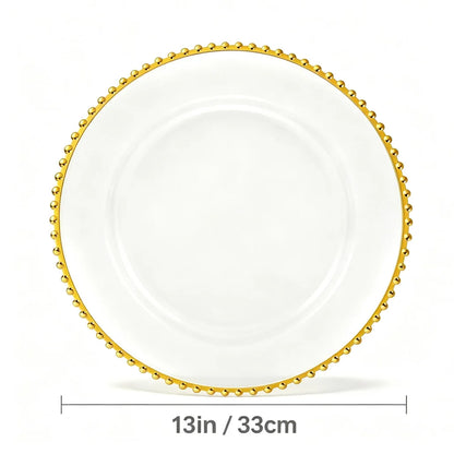 13 Inch Gold Beaded Clear Charger Plates Luxury Set for Wedding Table Dinner Birthday Party Reception Banquet Holiday Home Decor
