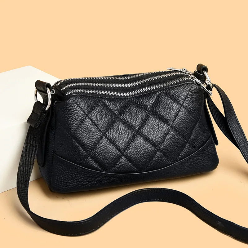 Real leather triple zipper women's large capacity shoulder bag lightweight Rhombus commuting crossbody bag
