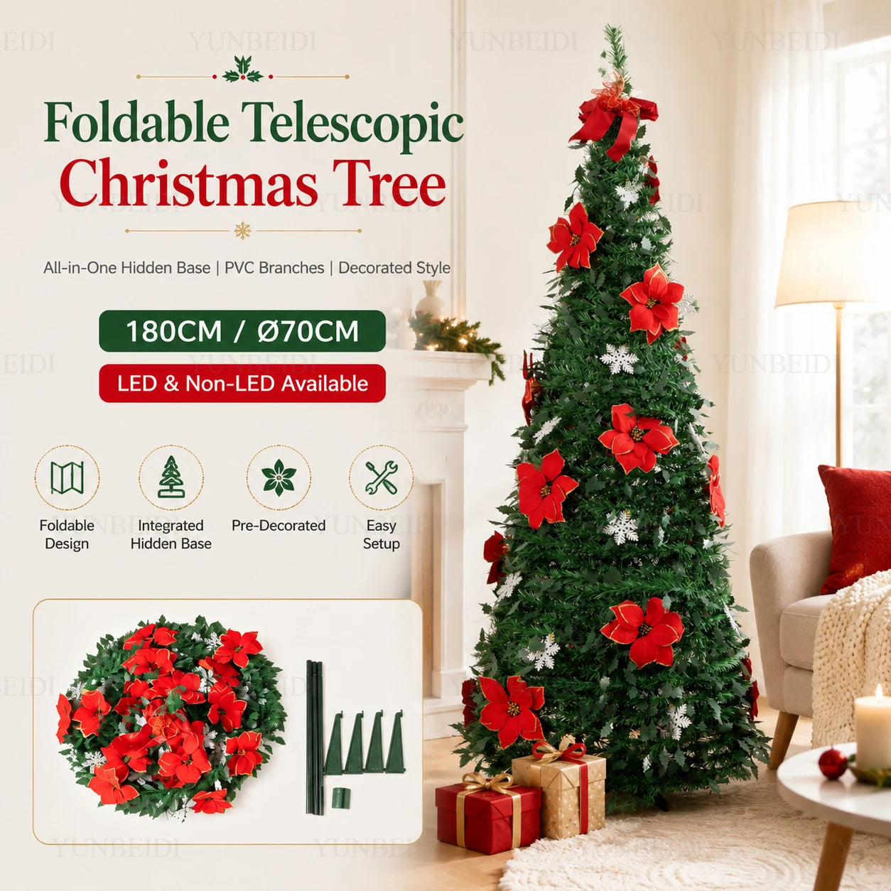 Foldable Integrated Artificial Christmas Tree with Ornaments LED Lights Exquisite 180CM Christmas Tree Home Christmas Decoration