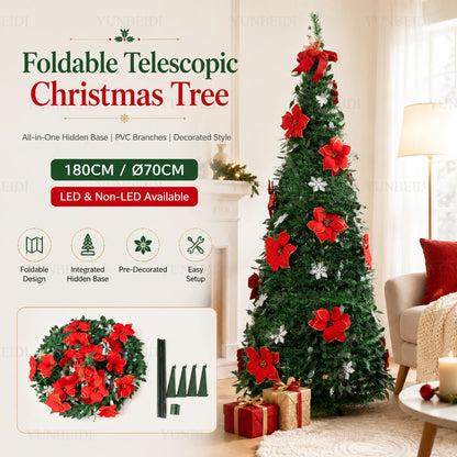 Foldable Integrated Artificial Christmas Tree with Ornaments LED Lights Exquisite 180CM Christmas Tree Home Christmas Decoration