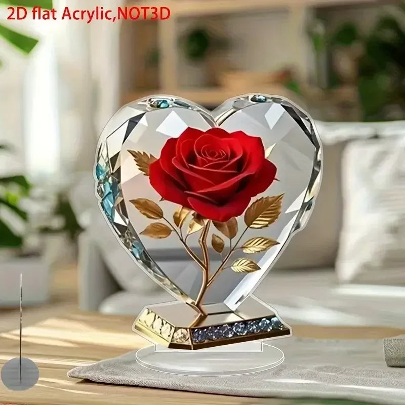 2D Acrylic Red Rose Ornament Mother's Day Gift Heart Shaped Desktop Decoration Ornaments Creative Birthday Valentine's Day Gift