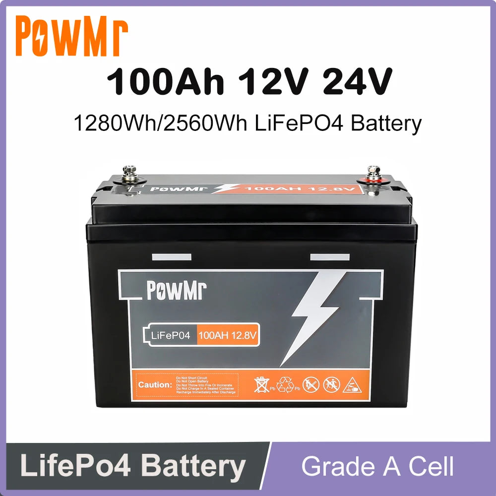 PowMr 12V 24V 100Ah LiFePO4 Battery Pack Grade A Cell Lithium Iron Phosphate Batteries 6000+ Cycles Fit for Solar Boat Camp Home
