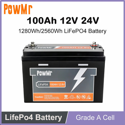 PowMr 12V 24V 100Ah LiFePO4 Battery Pack Grade A Cell Lithium Iron Phosphate Batteries 6000+ Cycles Fit for Solar Boat Camp Home