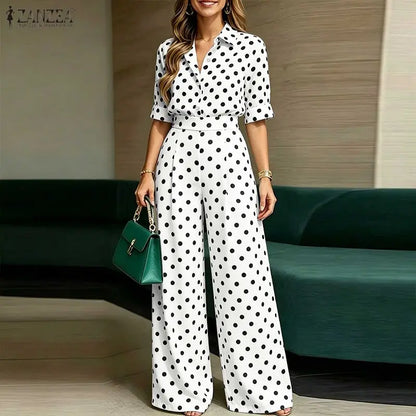 Elegant Women OL Work  Pants Sets ZANZEA Summer Lapel Neck Short Sleeve Shirt Trousers Suit Stylish Polka Dots Outfits 2 Pieces