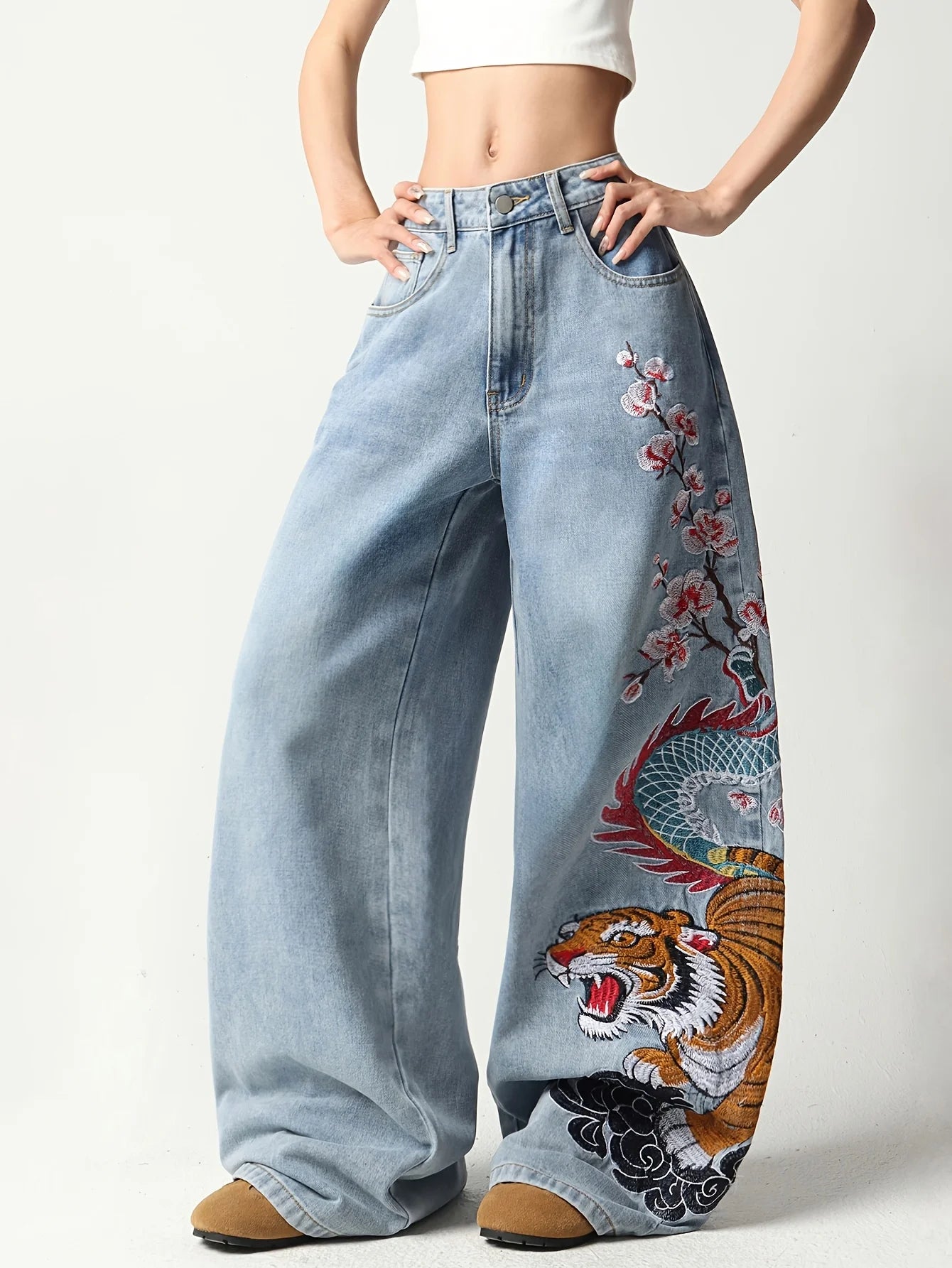 European And American Wide-Leg Denim Pants, Featuring Dragon, Tiger, Plum Blossom, And Cloud Embroidery, High-Waisted Jeans
