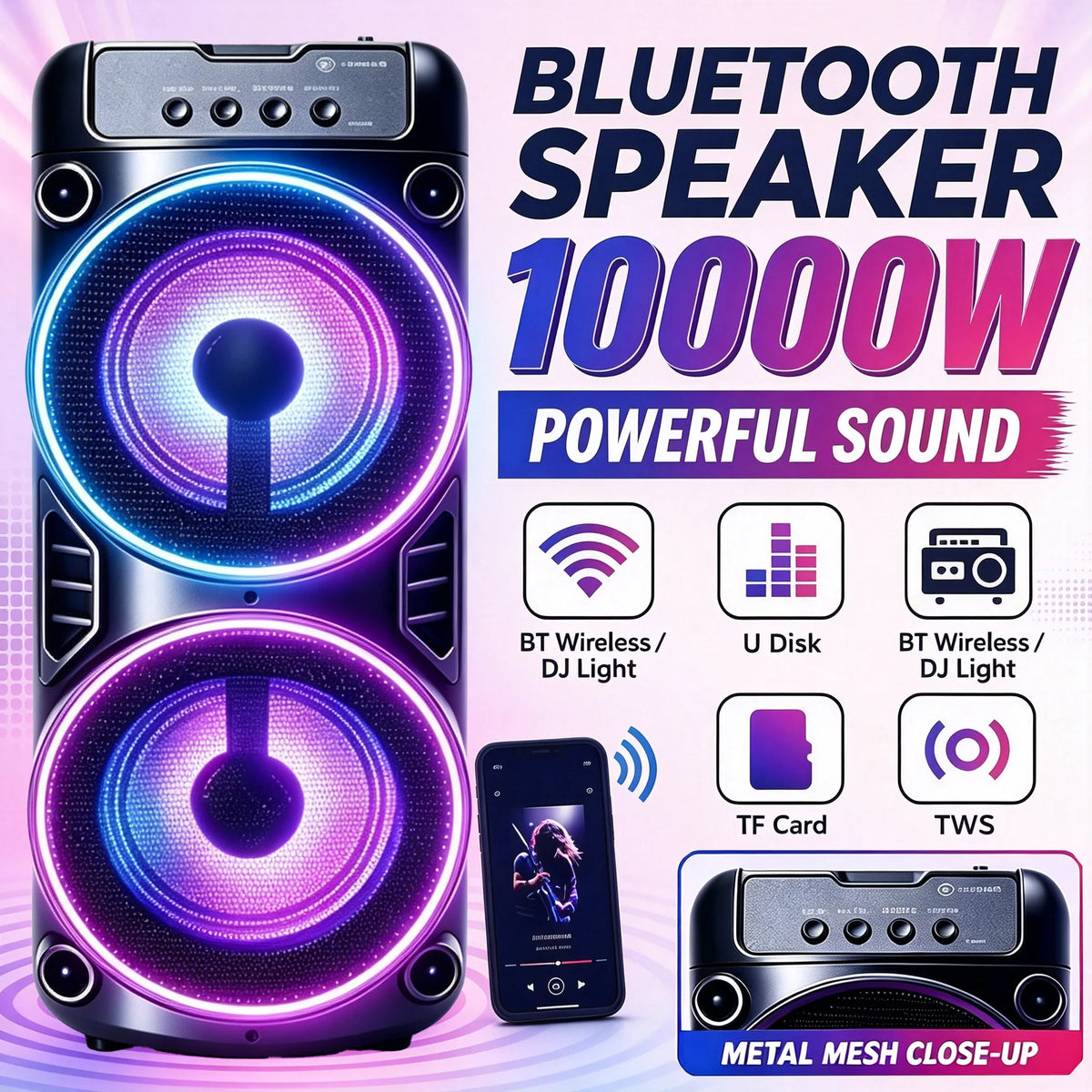 Professional Large Bluetooth Speaker with Microphone, Portable Design, Featuring JBL Subwoofer Party Box, LED Lights, Compatible with BT/USB/TF/AUX/FM/TWS/MIC/EQ Functions, Professional Karaoke. Ideal Gift for Birthdays, Chri