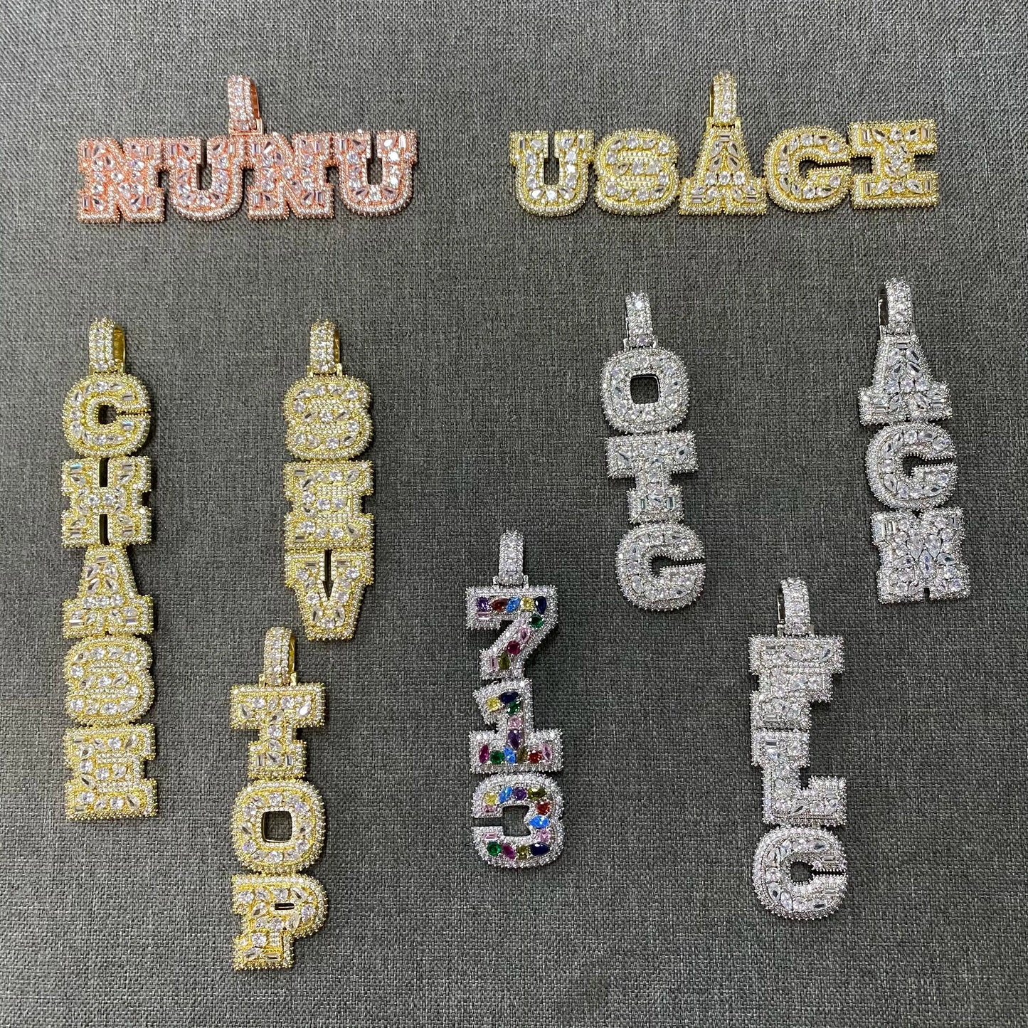THE BLING KING Custom Vertical Initial Letter Pendant Mixed Inlay Different Shape Cubic Zircon NamePlate Necklace Hiphop Jewelry