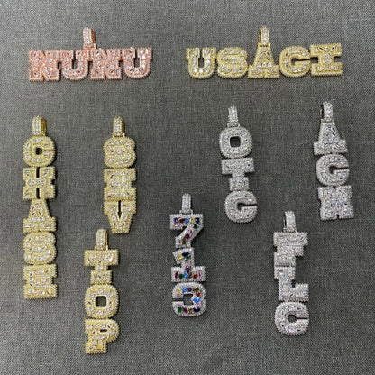 THE BLING KING Custom Vertical Initial Letter Pendant Mixed Inlay Different Shape Cubic Zircon NamePlate Necklace Hiphop Jewelry