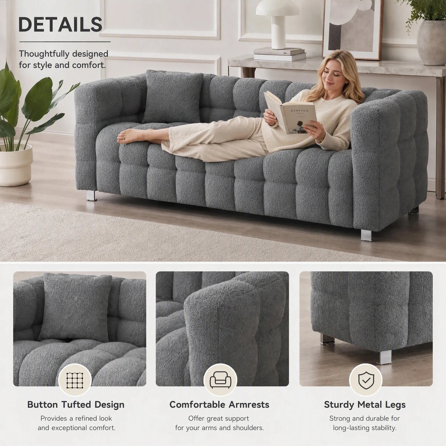 80-Inch Modern Teddy Fleece Sofa, With 2 Cushions 3-Seater  Sofa Suitable for Living Room Bedroom or Apartment Comfortable Deep-Set Leisure Furniture Wide Armrest Design Easy to Assemble