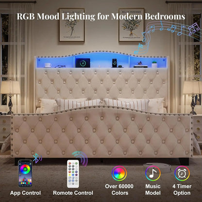 King Size Platform Bed Frame with 50.9" LED Headboard, Beige, Custom