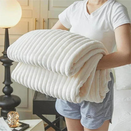 Coral Fleece Flannel Blanket 300GSM Ultra Soft Microfiber Plush Throw Blanket Warm Striped Cozy Blanket for Couch Bed Sofa