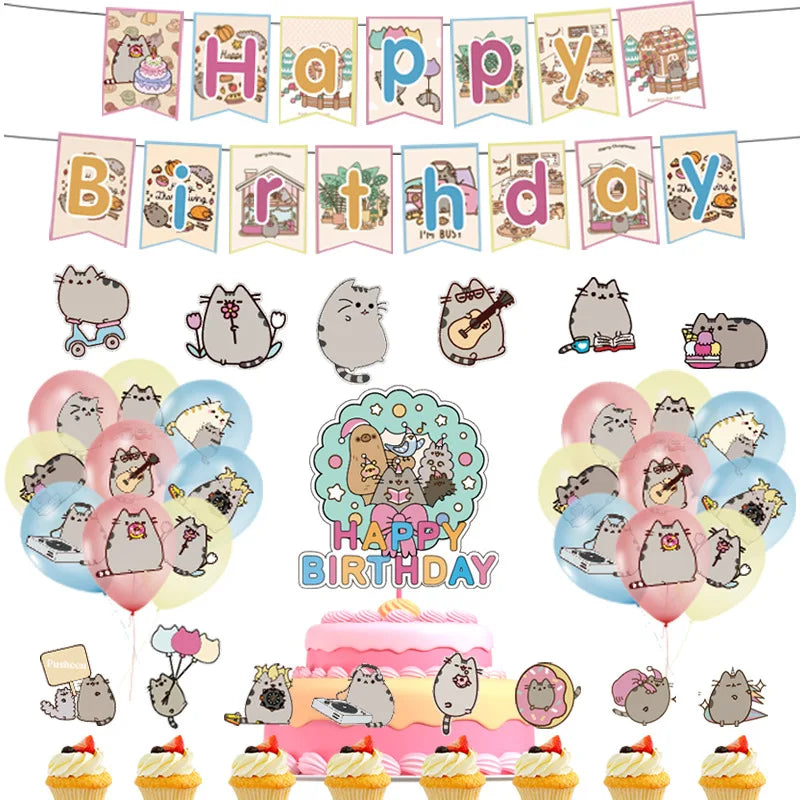 The Pusheen Cat Balloons Birthday Decoration Party Supplies Cartoon Grey Pet Fat Cat Theme Banner Backdrop Cake Topper Sticker