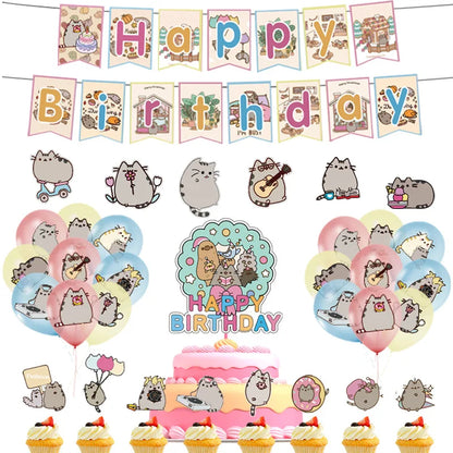 The Pusheen Cat Balloons Birthday Decoration Party Supplies Cartoon Grey Pet Fat Cat Theme Banner Backdrop Cake Topper Sticker