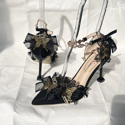 Ladies Gothic Lolita High Heels Handmade Black&Gold Pointed Toe Slip-On with Lace 5-8cm Stiletto Heel cute shoes  wedding shoes