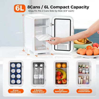 Mini Fridge, 6 Liter/8 Can 110V AC/DC Portable Thermoelectric Cooler Refrigerators for Bedroom