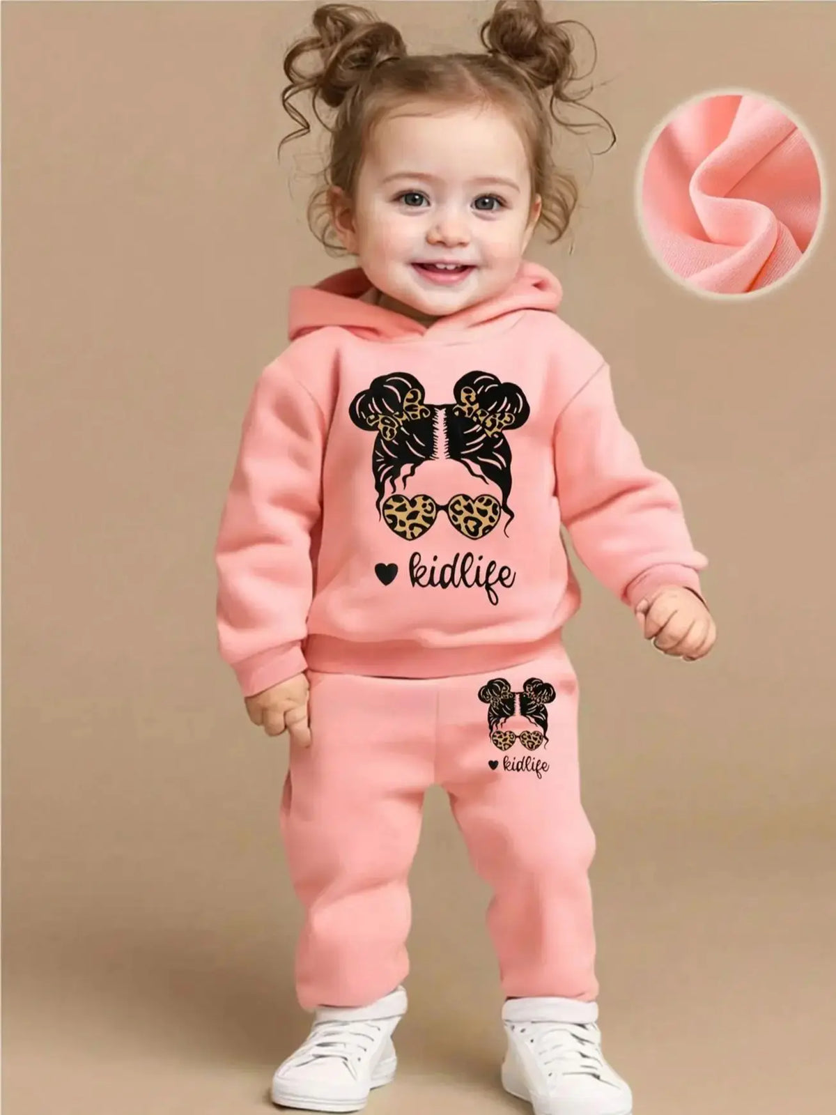Adorable Baby Girl Cartoon Print Fleece Hoodie & Jogger Set - Perfect for Spring/Autumn Outdoor Activities