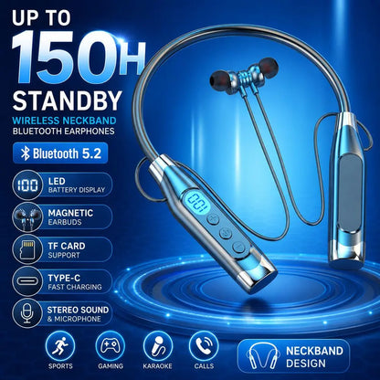 LED Digital Display Wireless Earbuds Neckband Magnetic TF Card Support Earphones Stereo Sound Long Standby