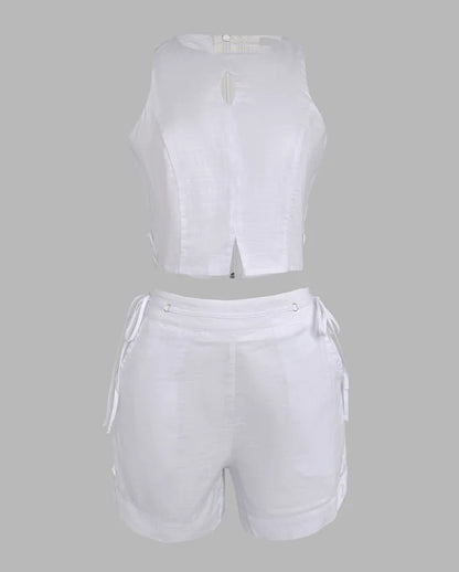 Two Piece Set Women Outfit 2025 Summer New Halter Sleeveless Hollow-Out Crop Tank & Casual Pocket Lace-Up Drastring Shorts Set