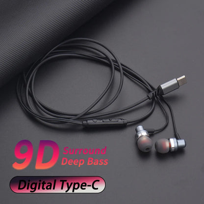 9D HIFI Heavy Bass Gaming Headphones Type-C Digital Chip Metal Magnetic Music Earbuds with Microphone In-Ear Headphone Universal