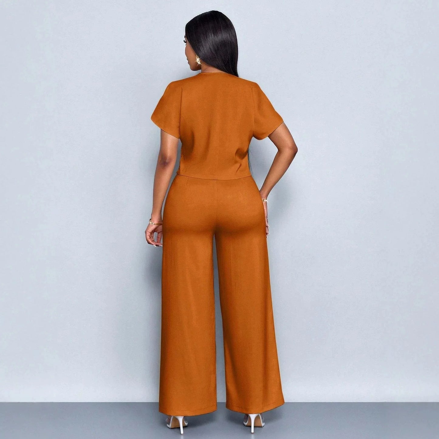 Summer Elegant 2 Piece Suit For Women V Neck Short Sleeve Blouse Top High Waist Wide Leg Pants Set Casual Business Office Outfit