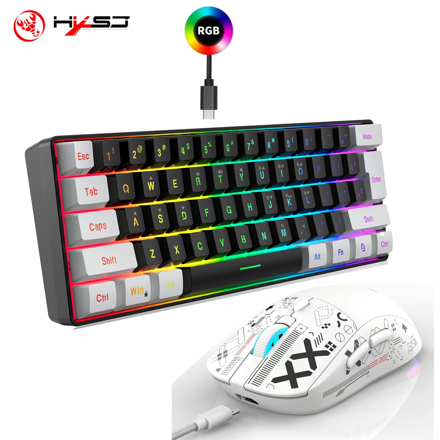 HXSJ-60% RGB Backlit Gaming Keyboard and Mouse Set 61-Key Wired Keyboard 3-Mode Optical Gaming Wireless Mouse for Laptop PC