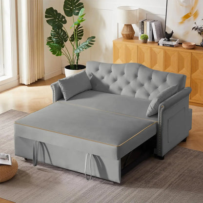 hansones 65'' 3-in-1 Folding Convertible Sofa Bed, Pullout Sofa, Modern Chenille Fabric, 360° Swivel Side Table, Easy Assembly,
