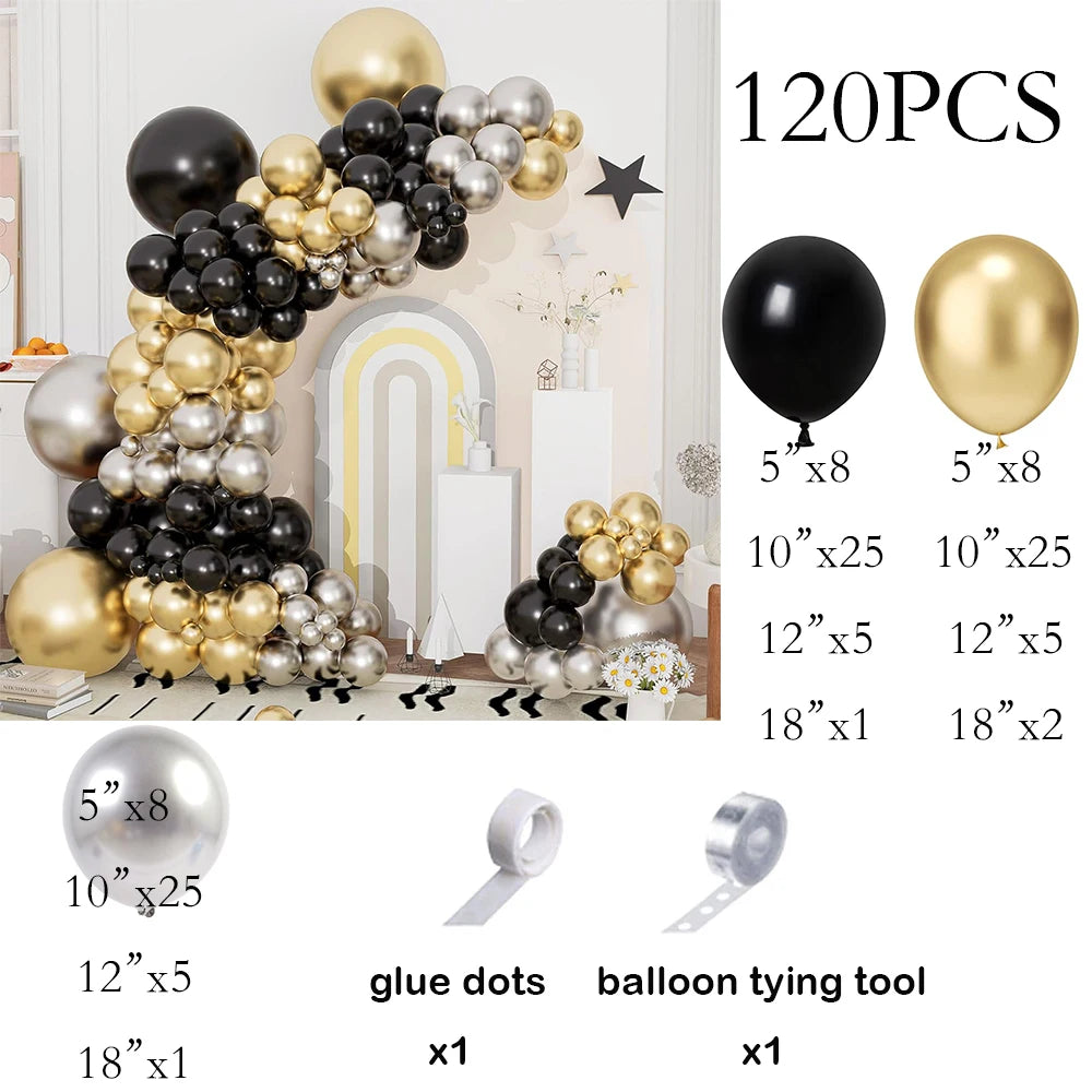 120PCS Black Balloons Garland Metal Gold Silver Balloon Arch Kit Baby Shower Wedding Graduation Birthday Party Decoration Globos