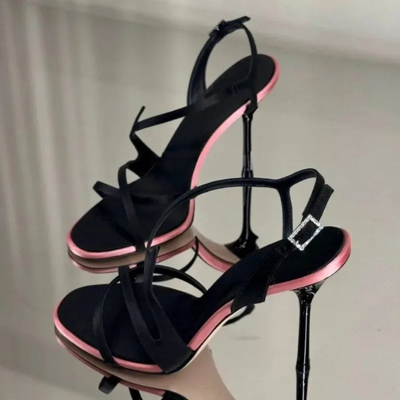 Women Satin Colorblock Stiletto High Heels Square Toe Rhinestone Buckle Ankle Strap Sandals Summer Party Prom Formal Dress Shoes