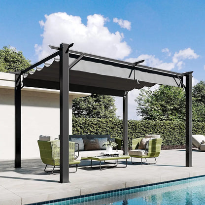 10'x12' Outdoor Retractable Pergola, Upgraded Adjustable Sun Shade Canopy, Sturdy Metal Gazebo for Modern Backyard,, Custom