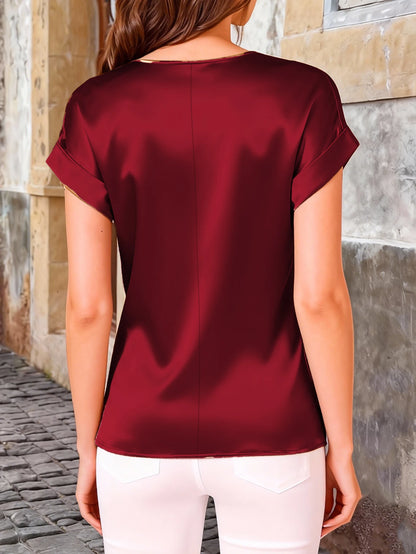 Women's Plus-Size Satin-Look Top | Round Neck & Short Batwing Sleeves | Workdays & Evening Outings