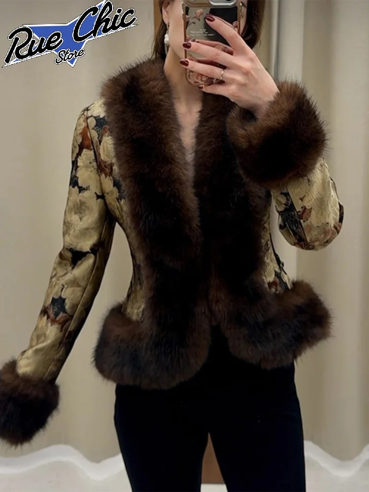 Floral Jacquard Faux Fur Trim Coat Women V Neck Single Button Full Sleeve Furry Cuff Jacket Lady Vintage Winter Warm Party Coats
