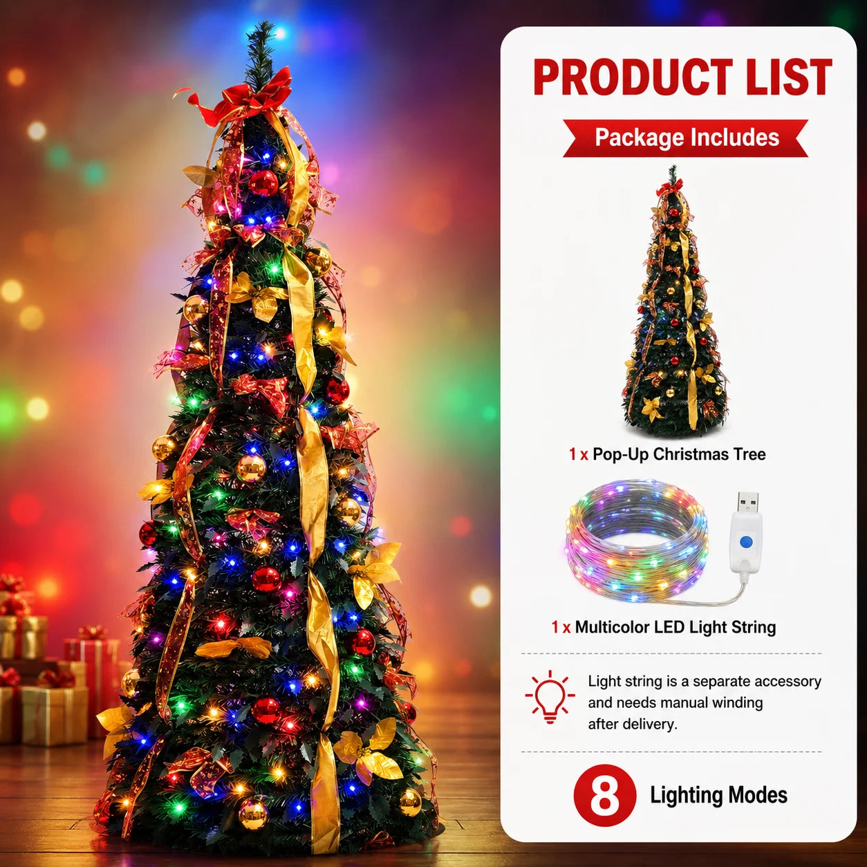 Pre Decorated Foldable Christmas Tree Artificial PVC Xmas Tree 5FT 6FT 7FT with Ornaments Space Saving Design LED Light Option