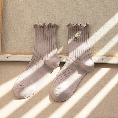 New Style Crew Socks for Women Spring Fashion Cute Flower Long Cotton Socks Japanese Style Breathable Casual Trendy Absorb Sweat