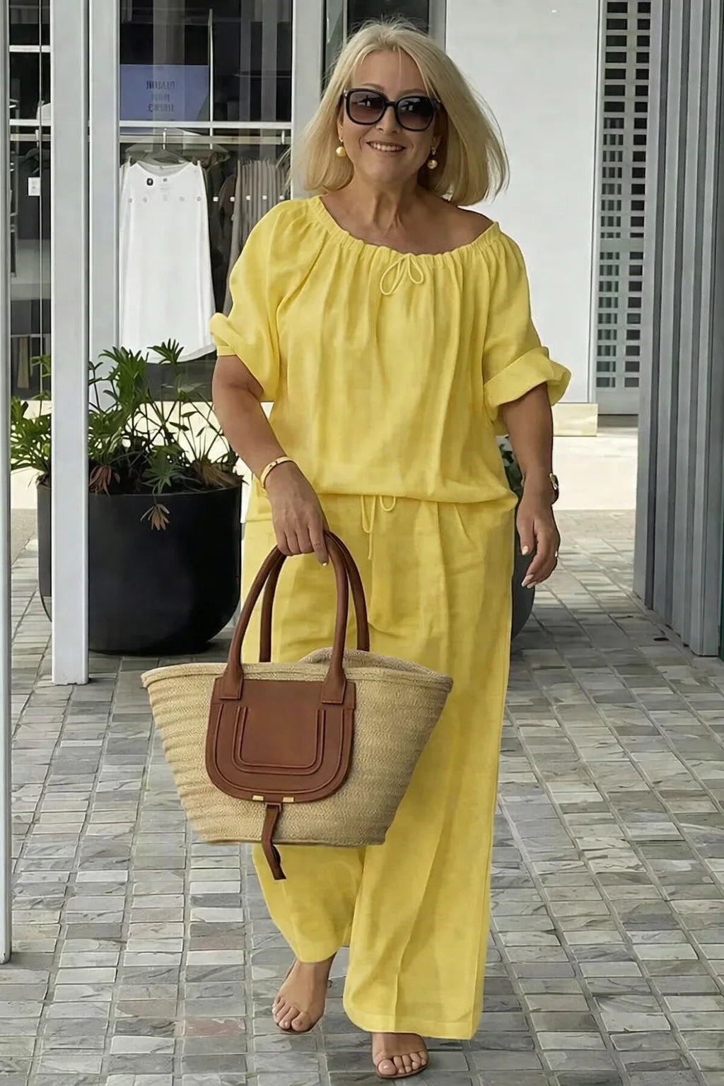 Fashion Casual Woman 2 Piece Set Outfit New Spring And Summer Women's Loose Drawstring Round Neck Top And Pants Two-piece Set