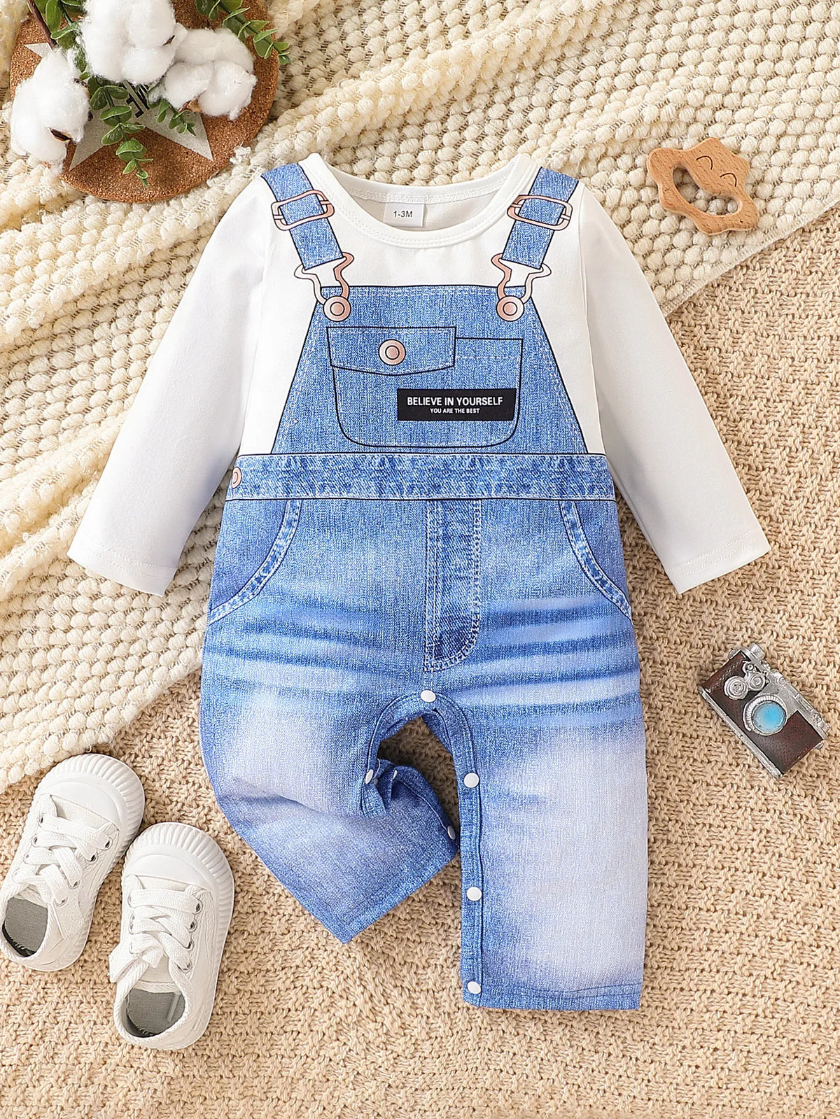 Spring Autumn Baby Boys 1-6M Faux Denim Overalls Print Long Sleeve Onesie Newborn Casual Daily Romper