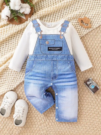Spring Autumn Baby Boys 1-6M Faux Denim Overalls Print Long Sleeve Onesie Newborn Casual Daily Romper