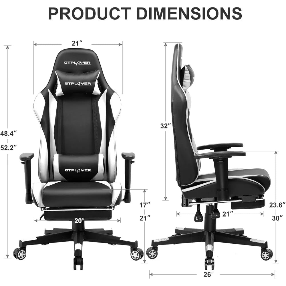 GTPLAYER Gaming Chair with Footrest, Ergonomic Computer Desk Chair, Reclining Swivel with Headrest and Lumbar Support, White