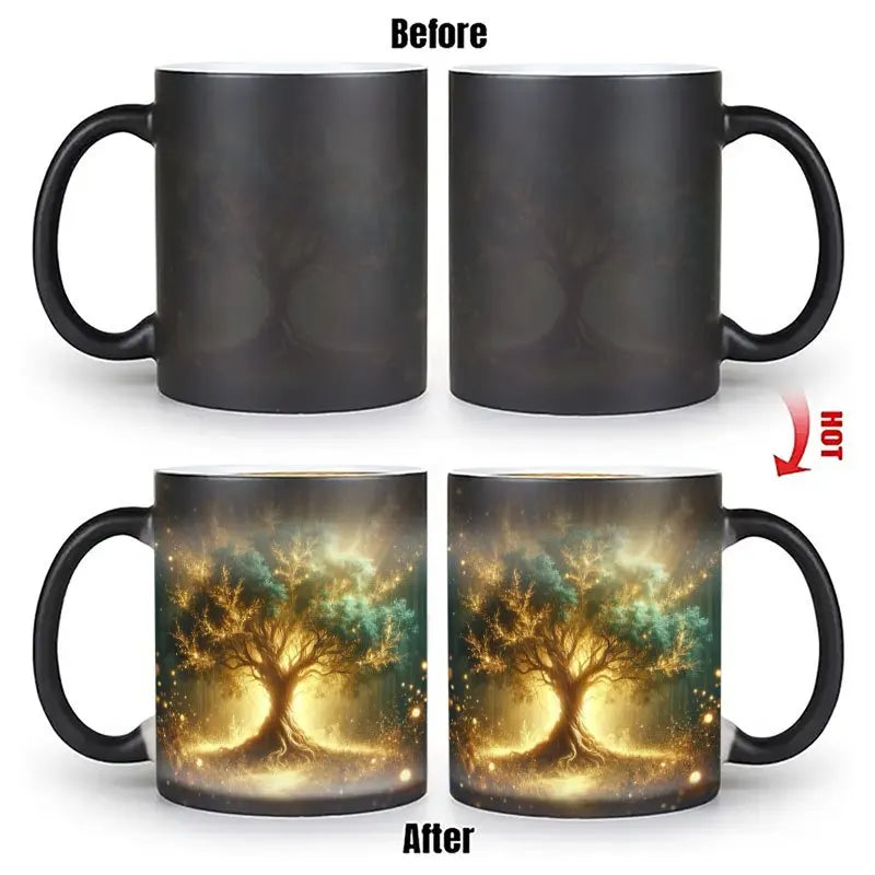 A color-changing magic cup, thermal response ceramic coffee cup, when filled with hot liquid, will appear glowing tree of life