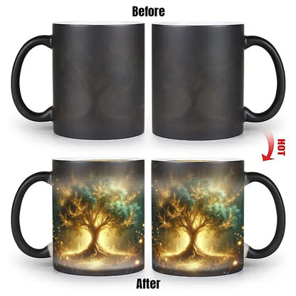 A color-changing magic cup, thermal response ceramic coffee cup, when filled with hot liquid, will appear glowing tree of life