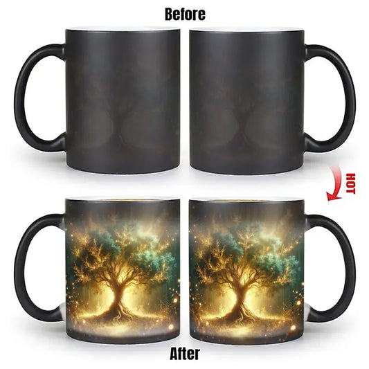 A color-changing magic cup, thermal response ceramic coffee cup, when filled with hot liquid, will appear glowing tree of life