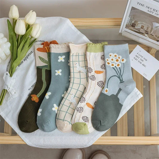 New Style Crew Socks for Women Spring Fashion Cute Flower Long Cotton Socks Japanese Style Breathable Casual Trendy Absorb Sweat