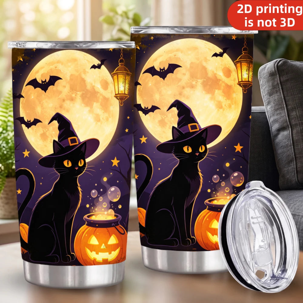 20oz Halloween Black Cat Witch Printed Stainless Steel Tumbler with Lid and Straw, Full Moon Glowing Pumpkin Cauldron Spooky Night Vacuum Insulated Travel Coffee Mug Gifts