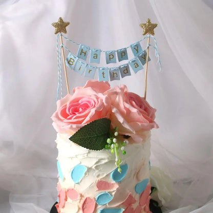 Happy Birthday Cake Flags DIY Gold Stars Bunting Banner Kids Adults Baking Decoration Baby Shower Party Supplies