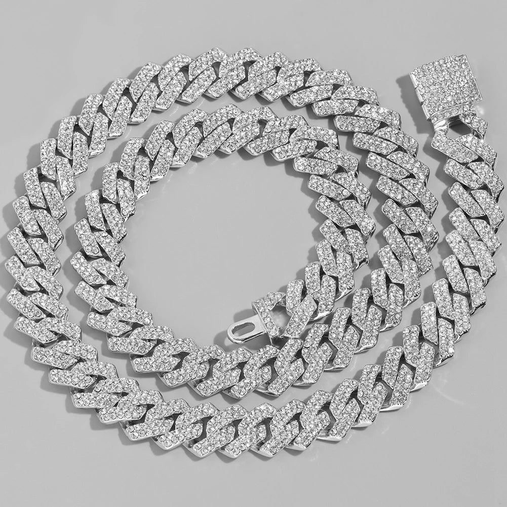14mm Iced Out  Prong Cuban Link Chain Necklace for Men Women 2 Row Rhinestone Paved Miami Rhombus Hip Hop Jewelry Wholesale