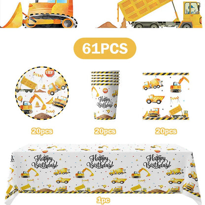 Happy Construction Birthday Party Decorations Set Plates Cup Tablecloth Gift Bags Banner Stickers Cake Decoration Party Supplies