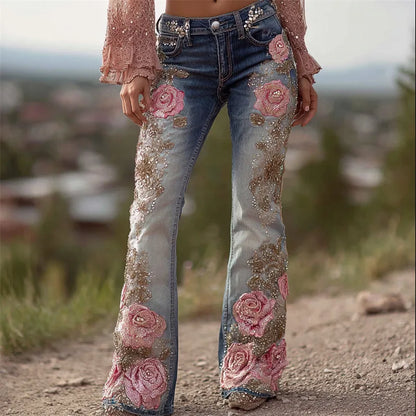 Womens Casual 3D Printed Denim Flared Pants Slim Fit Bell Bottom Jeans Fashion Daily Wear Trousers