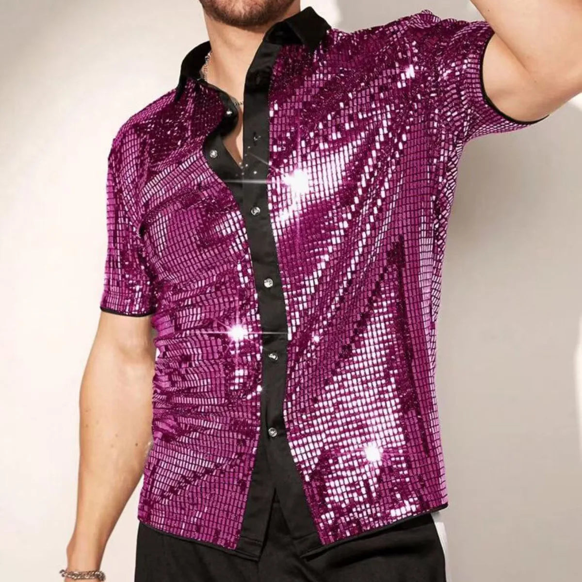 New Arrival Stylish Breathable Sequin Short Sleeve Shirt, Men's Stage Performance Top