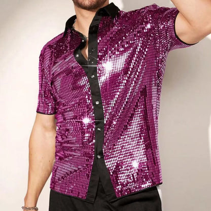 New Arrival Stylish Breathable Sequin Short Sleeve Shirt, Men's Stage Performance Top
